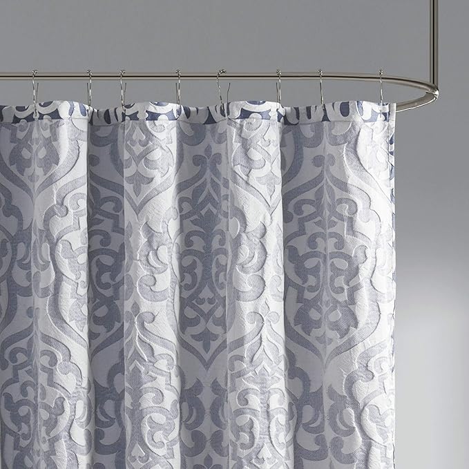 Madison Park Odette Fabric Shower Curtain Luxe Textured Jacquard, Damask Medallion Machine Washable Modern Home Bathroom Decor, Bathtub Privacy Screen, 72" x 72", Navy/Silver