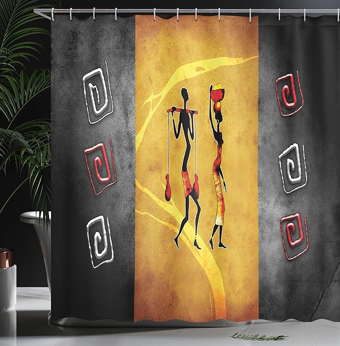 Ambesonne African Shower Curtain, People Carrying Some Local Elements on Their Heads Retro Drawing Style, Cloth Fabric Bathroom Decor Set with Hooks, 69" W x 75" L, Black Grey