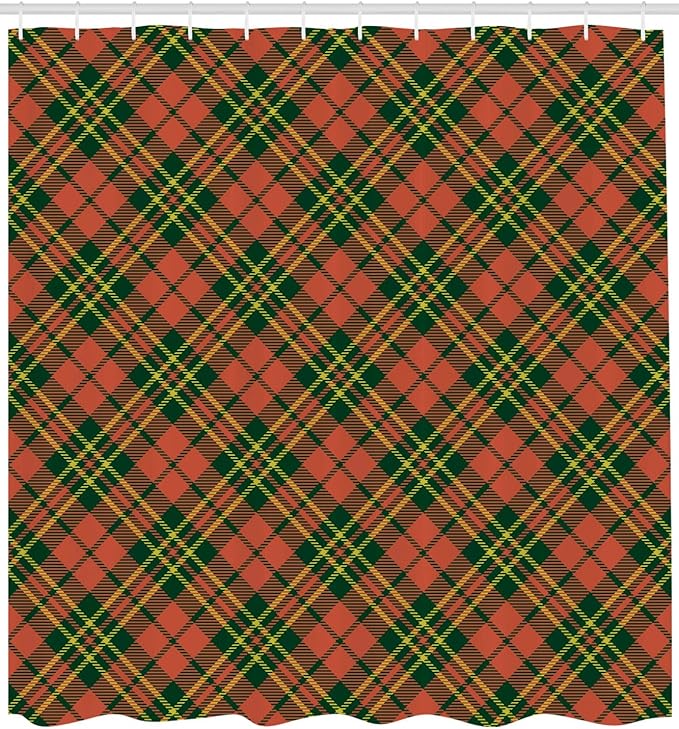 Ambesonne Checkered Shower Curtain, Irish Tartan Plaid Motifs in Christmas Colors Geometrical Stripes, Cloth Fabric Bathroom Decor Set with Hooks, 69" W x 70" L, Emerald Vermilion