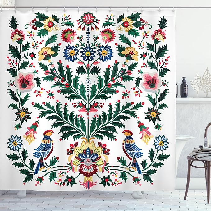 Ambesonne Christmas Shower Curtain, Traditional Scandi Art of Xmas Berry Leaves Birds and Floral Colorful, Cloth Fabric Bathroom Decor Set with Hooks, 69" W x 75" L, Green White Multicolor