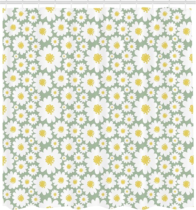Ambesonne Floral Shower Curtain, Pastel Cartoon Like Flowers Daisies Spring Time Season Artwork Print, Cloth Fabric Bathroom Decor Set with Hooks, 69" W x 84" L, Pale Green