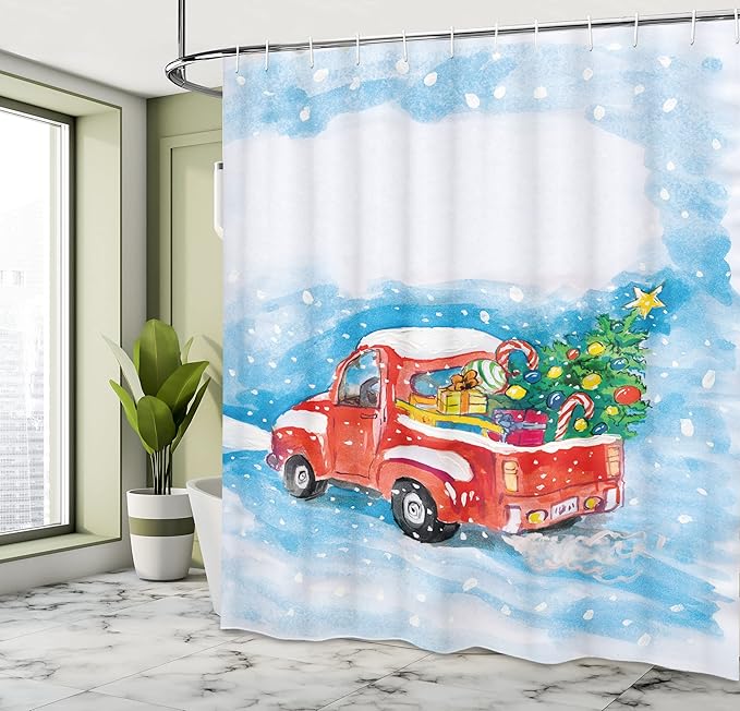 Ambesonne Christmas Shower Curtain, Cloth Fabric Bathroom Decor Set with Hooks, Snowy Winter Scene, 69" W x 70" L, Blue White Red