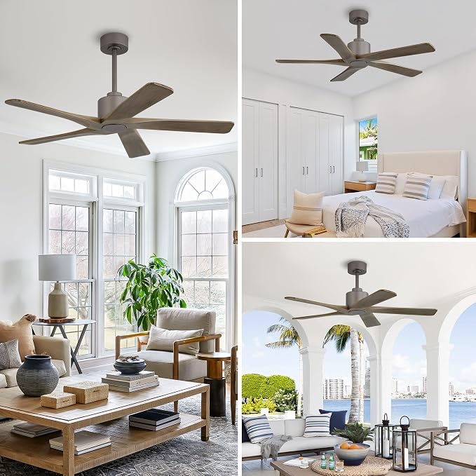 WINGBO 48" DC Ceiling Fan No Light - 5 Carved Solid Wood Blades, 6-Speed Reversible DC Motor, Ceiling Fan without Lights for Living Room Bedroom Kitchen Patio, Indoor and Outdoor, Graphite and Gray
