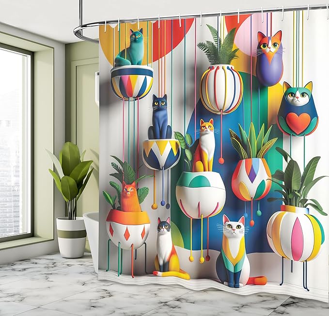 Ambesonne Botanical Shower Curtain, Contemporary Illustration of Colorful Jumble Cats and Urban Jungle Leaves Modern, Cloth Fabric Bathroom Decor Set with Hooks, 69" W x 84" L, Multicolor