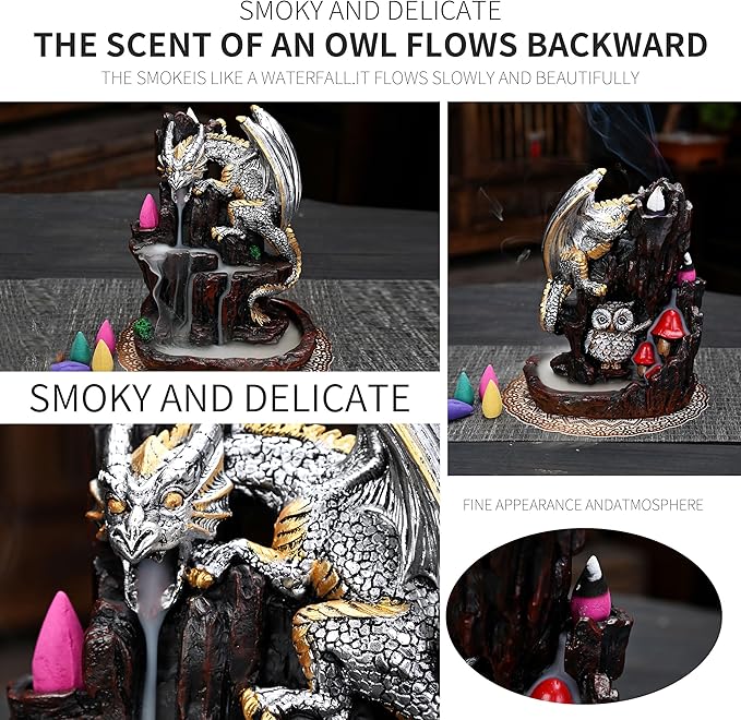 Dragon Backflow 2 Sided Mountain Waterfall Incense Burner,Fountain Smoke Incense Holder with Backflow Incense Cones, Tweezers, Mat，Resin Aromatherapy Meditationvaiuk (Silver)