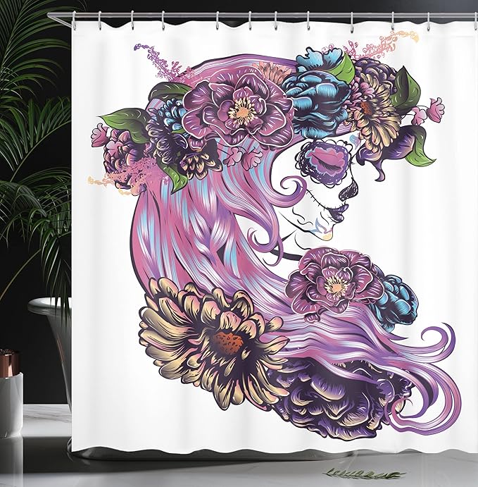 Ambesonne Gothic Shower Curtain, Day of Dead Illustration with Sugar Skull Girl in Flower Wreath, Cloth Fabric Bathroom Decor Set with Hooks, 69" W x 75" L, Purple Blue