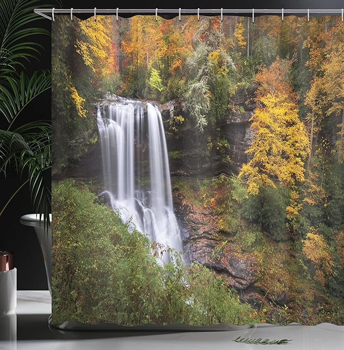 Ambesonne Waterfall Shower Curtain, Autumn Waterfalls with Trees and Pale Fall Leaves in The Forest Print, Cloth Fabric Bathroom Decor Set with Hooks, 69" W x 70" L, Green Yellow White