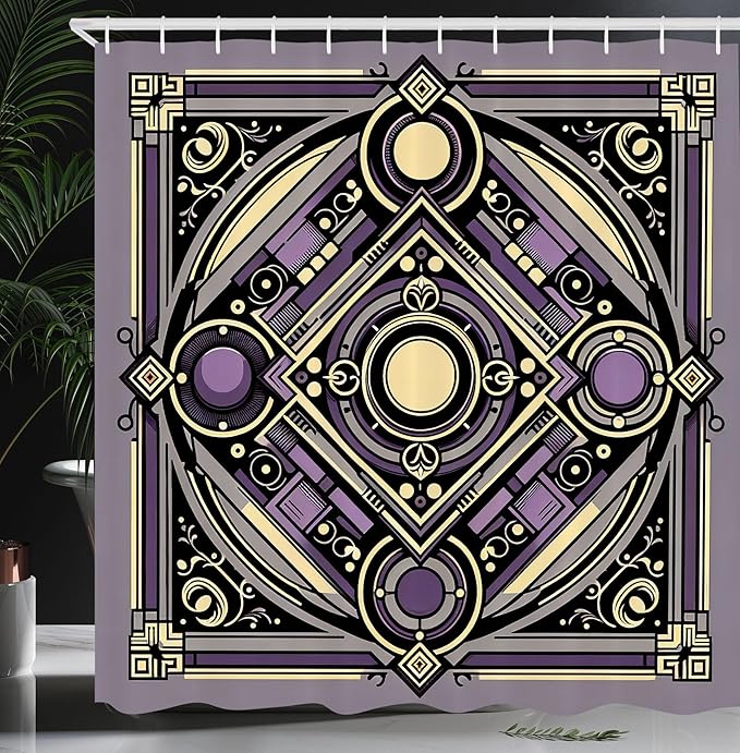 Ambesonne Ethnic Shower Curtain, Diagonal Square with Circles Dramatic and Symmetric Shapes Ornament, Cloth Fabric Bathroom Decor Set with Hooks, 69" W x 70" L, Violet Cream Purple Grey