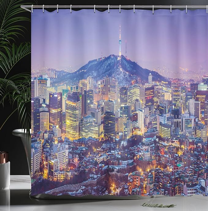 Ambesonne Modern Shower Curtain, Skyline of Seou South Korea Cityscape with Buildings Skyscrapers Urban View at Night, Cloth Fabric Bathroom Decor Set with Hooks, 69" W x 70" L, Indigo