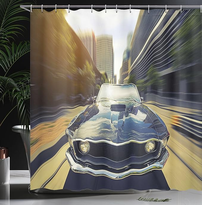 Ambesonne Retro Shower Curtain, Vintage Classic Car in Urban Street Old Fashion Auto in Town Nostalgia Picture, Cloth Fabric Bathroom Decor Set with Hooks, 69" W x 70" L, Sepia Grey Grey