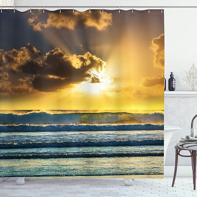 Ambesonne Ocean Decor Shower Curtain, Sunbeams Behind Grey Clouds Waves of The Sea at a Sunset Scenery Lofoten Norway Picture, Polyester Fabric Bathroom Set with Hooks, 69" W X 84" L, Blue Yellow