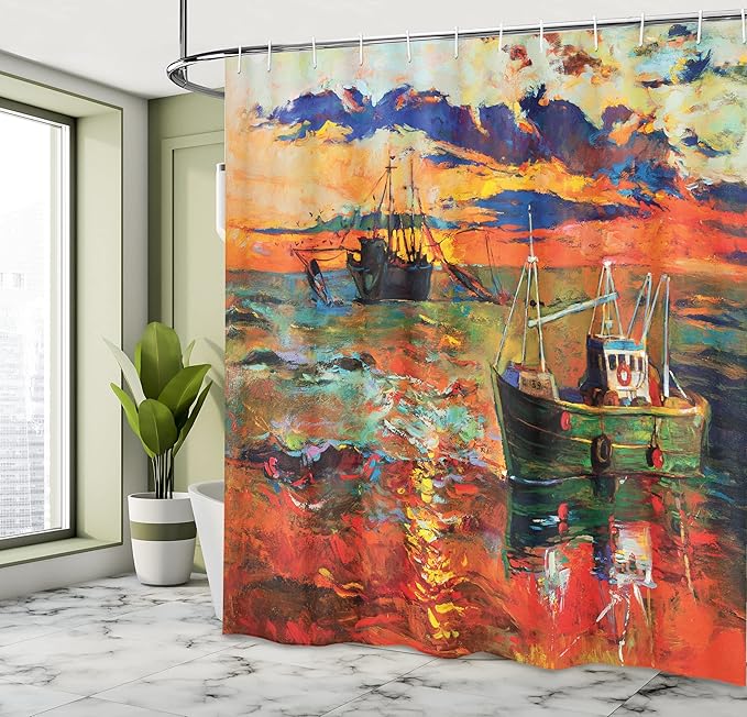 Ambesonne Country Shower Curtain, Pastel Color Paint of Sail Boats Fishing The Ocean by Early Morning at Sunset Art, Cloth Fabric Bathroom Decor Set with Hooks, 69" W x 84" L, Vermilion