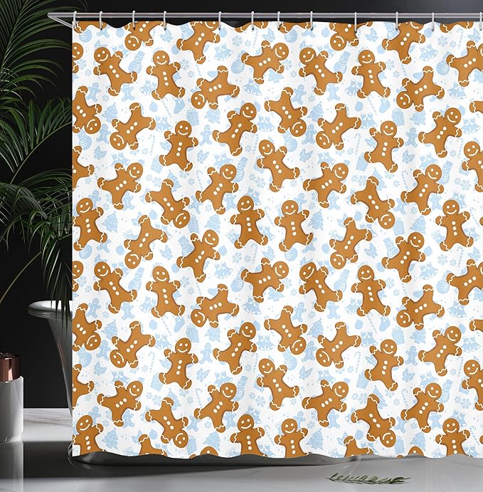 Ambesonne Gingerbread Man Shower Curtain, Traditional Christmas Cookie Pattern Tile, Cloth Fabric Bathroom Decor Set with Hooks, 69" W x 84" L, Light Caramel