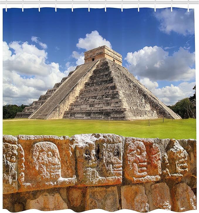 Ambesonne Vintage Shower Curtain, Wall of Skulls and Kukulkan Pyramid El Castillo Scenery Photo, Cloth Fabric Bathroom Decor Set with Hooks, 69" W x 84" L, Charcoal Grey Lime Green