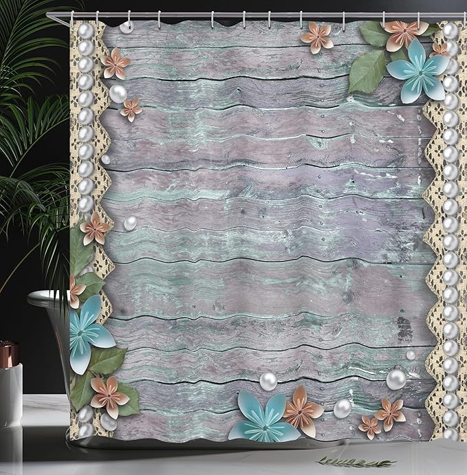 Ambesonne Pearls Shower Curtain, Floral Rustic Designed Pearls and Lace Like Design Flowers Wooden Background Print, Cloth Fabric Bathroom Decor Set with Hooks, 69" W x 70" L, Brown Blue