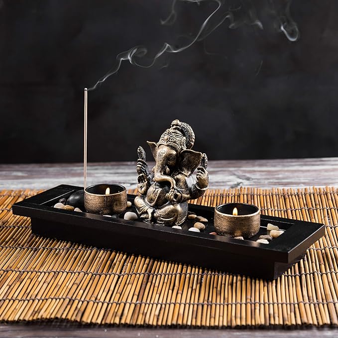 MyGift Mini Zen Garden with Ganesh Statue, Incense Stick Burner, Tealight Candle Holders, Decorative Rocks and Display Tray