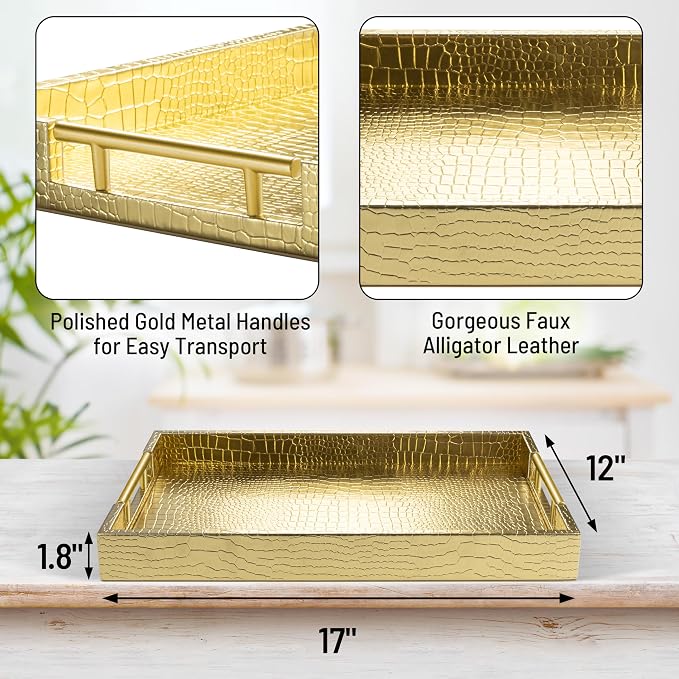 ATZYmolin 17"x12" Leather Serving Tray, Gold Handle Vanity Platter, Gold | Rectangle Ottoman Decor Tray, Polished Metal Handles, Coffee Table Bathroom Home Decorative Wood Tray