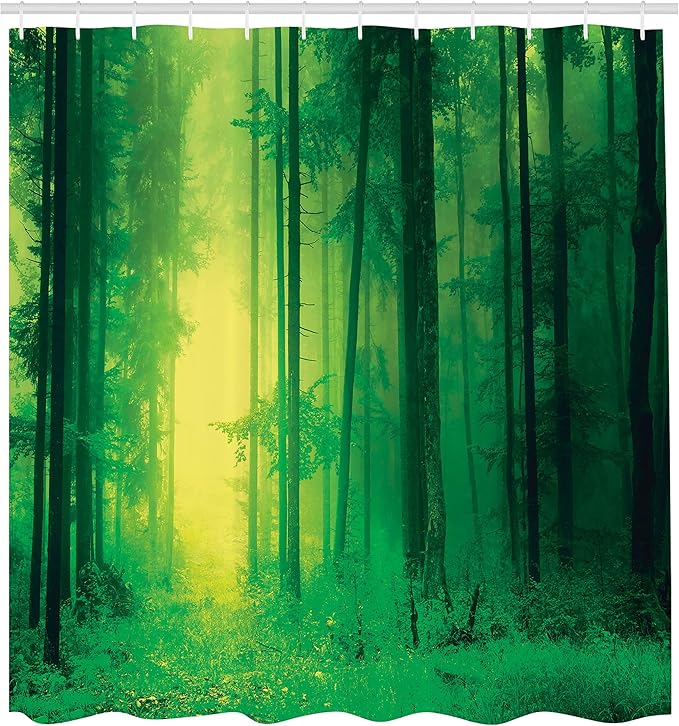 Ambesonne Mystic Shower Curtain, Fantasy Warm Season Springtime Forest Tall Trees Twilight Art Print, Cloth Fabric Bathroom Decor Set with Hooks, 69" W x 70" L, Forest Green