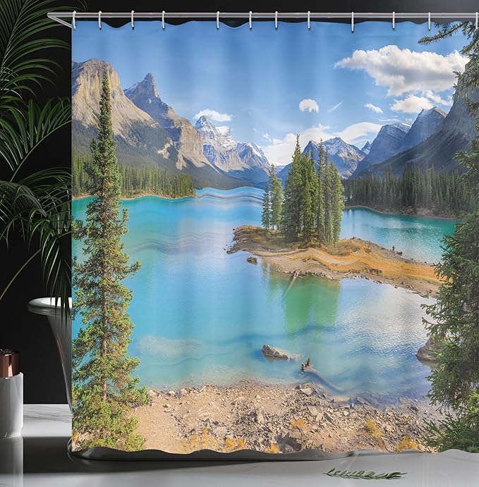 Ambesonne Landscape Shower Curtain, Maligne Lake in Jasper Natioanal Park Alberta Canada Summer Day Outdoor Picture, Cloth Fabric Bathroom Decor Set with Hooks, 69" W x 70" L, Green Azure