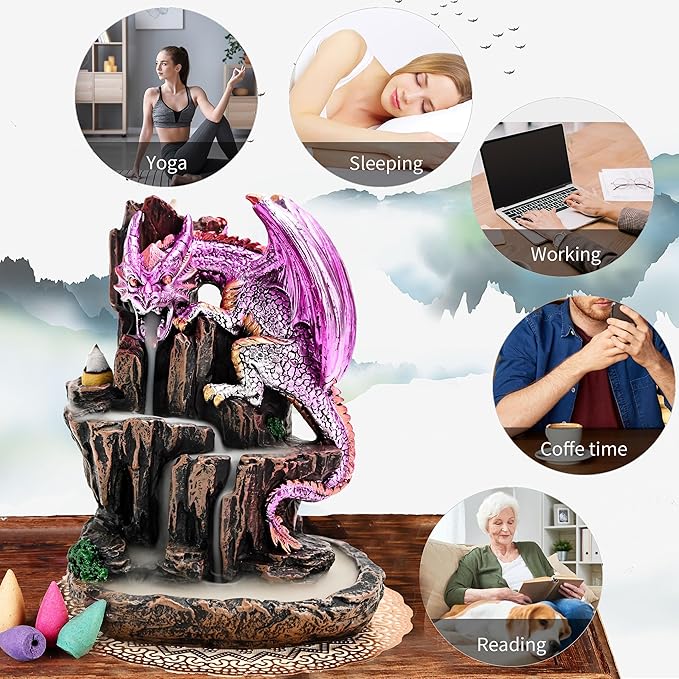 Dragon Backflow 2 Sided Mountain Waterfall Incense Burner,Fountain Smoke Incense Holder with Backflow Incense Cones, Tweezers, Mat，Resin Aromatherapy Meditationvaiuk (Purple)