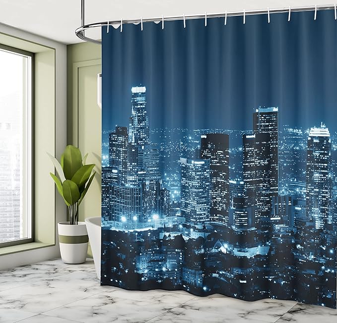 Ambesonne USA Shower Curtain, Los Angeles City Buildings at The Monochromic Night Time Photo of Scenery Town at Dusk a Scenic View, Cloth Fabric Bathroom Set with Hooks, 69" W x 75" L, Night Blue