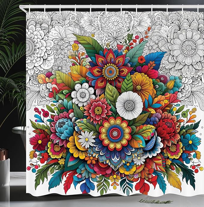Ambesonne Modern Shower Curtain, Oriental Boho Design Psychedelic Aura Floral Jumble with Outline Details, Cloth Fabric Bathroom Decor Set with Hooks, 69" W x 75" L, White Grey Multicolor