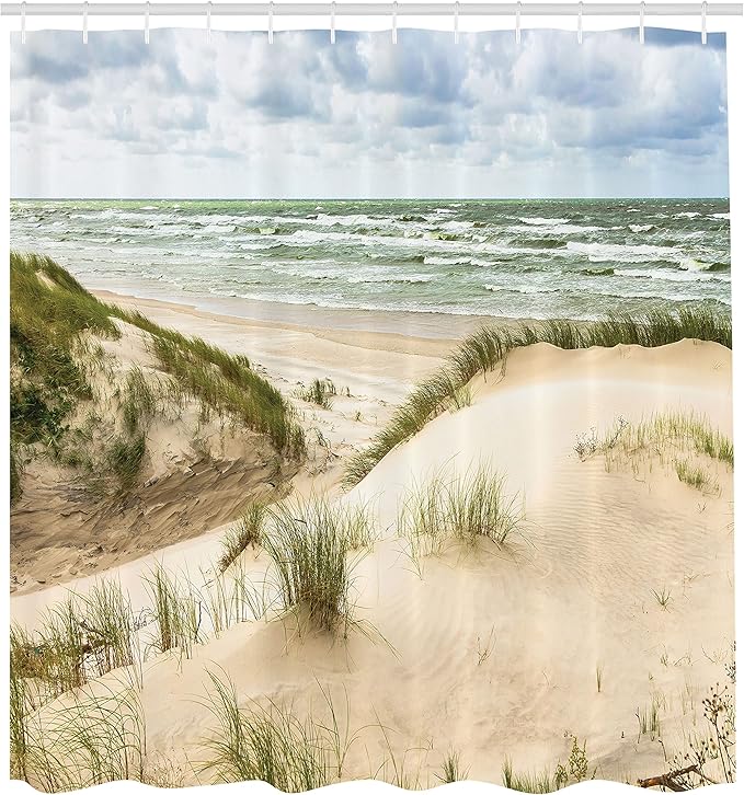 Ambesonne Beach Shower Curtain, Windy Day in The Baltic Seaside in Lithuania Huge Grand Waves Tidal Flow Surfing Spot, Cloth Fabric Bathroom Decor Set with Hooks, 69" W x 75" L, Cream Blue