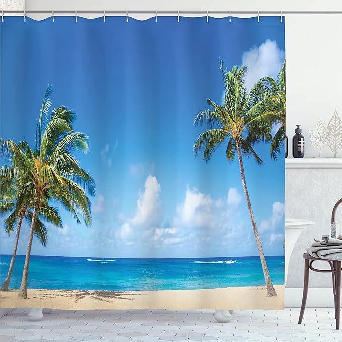 Ambesonne Hawaiian Shower Curtain, Windy Exotic Island with Tropical Trees Calm Beachy Theme Ocean Photography Print, Cloth Fabric Bathroom Decor Set with Hooks, 69" W x 75" L, Green Grey