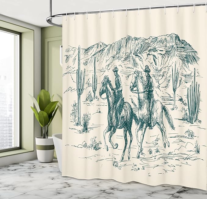 Ambesonne Western Shower Curtain, Country Theme Hand Drawn Illustration of American Wild West Desert with Cowboys, Cloth Fabric Bathroom Decor Set with Hooks, 69" W x 70" L, Cream Teal
