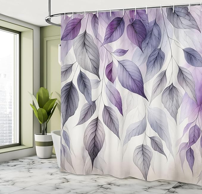 Ambesonne Purple Shower Curtain, Cascade of Leaves in a Cold Windy Morning Monochromatic Pastel Tones, Cloth Fabric Bathroom Decor Set with Hooks, 69" W x 75" L, Coconut Quartz and Lilac