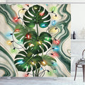 Ambesonne Christmas Shower Curtain, Colorful Xmas Ornaments with Monstera Leaves Art on Marble Print Back, Cloth Fabric Bathroom Decor Set with Hooks, 69" W x 75" L, Green Khaki Multicolor