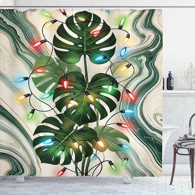 Ambesonne Christmas Shower Curtain, Colorful Xmas Ornaments with Monstera Leaves Art on Marble Print Back, Cloth Fabric Bathroom Decor Set with Hooks, 69" W x 75" L, Green Khaki Multicolor