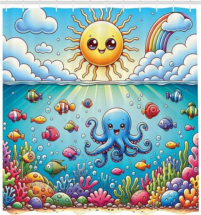 Ambesonne Ocean Shower Curtain, Nautical Happy Sun Octopus and Fish Characters with Cloudy Sea Scenery, Cloth Fabric Bathroom Decor Set with Hooks, 69" W x 84" L, Mustard Blue Multicolor