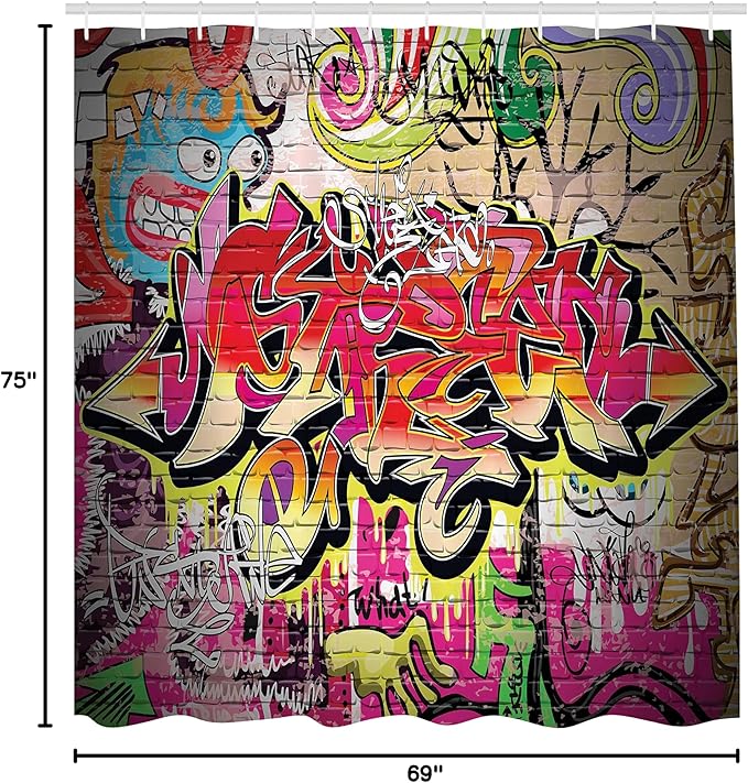 Ambesonne Brick Wall Shower Curtain, Graffiti on Wall Urban Street Art with Spray Paint Tagger Underground Theme, Cloth Fabric Bathroom Decor Set with Hooks, 69" W x 75" L, Soft Red