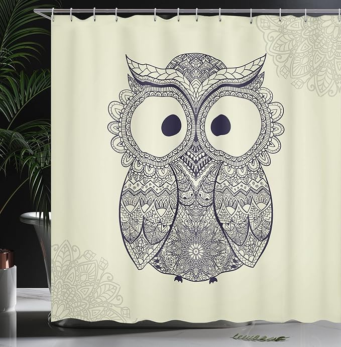Ambesonne Ethnic Shower Curtain, Design Illustration Owl with Flowers Owl Bird Ornamental Pattern, Cloth Fabric Bathroom Decor Set with Hooks, 69" W x 70" L, Blue Eggshell