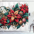 Ambesonne Christmas Shower Curtain, Poinsettia Xmas Flowers with Ornate Globes Illustration Print, Cloth Fabric Bathroom Decor Set with Hooks, 69" W x 75" L, Hot Pink Forest Green and Tan