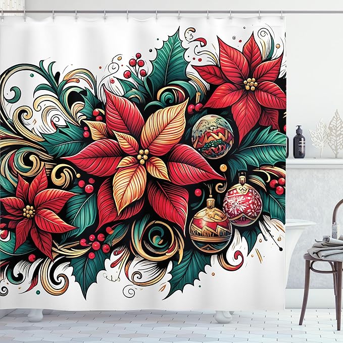 Ambesonne Christmas Shower Curtain, Poinsettia Xmas Flowers with Ornate Globes Illustration Print, Cloth Fabric Bathroom Decor Set with Hooks, 69" W x 75" L, Hot Pink Forest Green and Tan