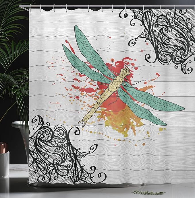 Ambesonne Dragonfly Shower Curtain, Insect in Warm Tones on a Greyscale Backdrop with Victorian Style Elements, Cloth Fabric Bathroom Decor Set with Hooks, 69" W x 70" L, Orange Grey