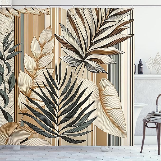 Ambesonne Tan Shower Curtain, Nature Interpretation of Exotic Leaves Illustration Boho Lines Modern Botany, Cloth Fabric Bathroom Decor Set with Hooks, 69" W x 84" L, Grey Teal Pale Taupe