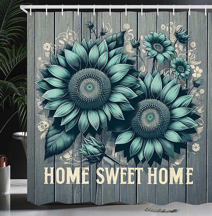 Ambesonne Teal Shower Curtain, Aquamarine Tone Sunflowers and Home Concept Phrase Modern Rustic Farmhouse, Cloth Fabric Bathroom Decor Set with Hooks, 69" W x 84" L, Seafoam Dark Sea Green