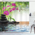 Ambesonne Orchid Shower Curtain, Greenery Composition of Tree and Exotic Wild Fuchsia Flowers Stones, Cloth Fabric Bathroom Decor Set with Hooks, 69" W x 70" L, Charcoal Grey Lime Green