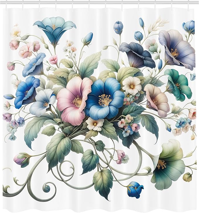 Ambesonne Floral Shower Curtain, Trippy and Bold Colorful Bellflowers in a Spring Morning on Plain Back, Cloth Fabric Bathroom Decor Set with Hooks, 69" W x 75" L, Deep Sky Blue Multicolor