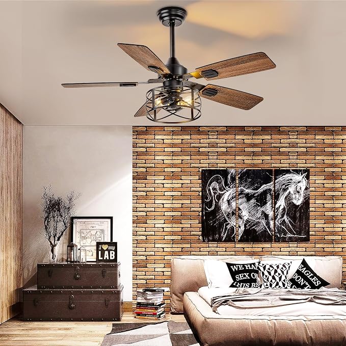 Depuley 42-Inch Ceiling Fans with Lights: Caged Ceiling Fans Dual Finish 5 Blades - Rustic Ceiling Fan with Remote Control for Farmhouse Living Room Outdoor Porch Noiseless (Black Walnut)