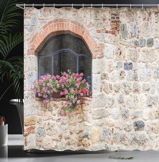 Ambesonne Tuscan Shower Curtain, Gothic Architecture Abandoned Old Stone House Vintage Stairs in Tuscany, Cloth Fabric Bathroom Decor Set with Hooks, 69" W x 75" L, Salmon Ivory