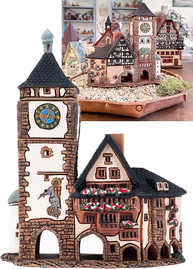 Ceramic Villages and Houses Collection - Collectible Miniature of Historic Schwabentor in Freiburg, Germany - Cone Incense Holder R347