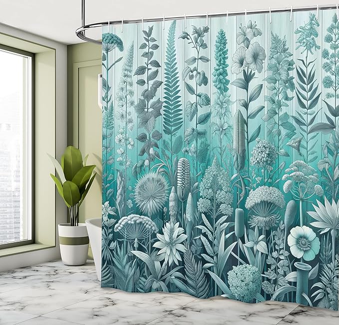Ambesonne Turquoise Shower Curtain, Botanical Thistle Lavender and Leafy Floral Huddle on Greenery Ombre Back, Cloth Fabric Bathroom Decor Set with Hooks, 69" W x 75" L, Pale Teal Seafoam
