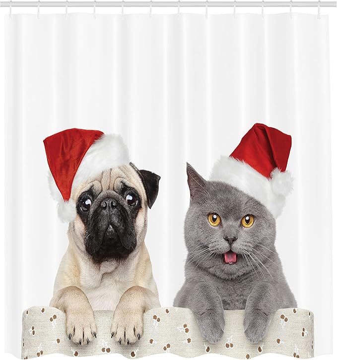 Ambesonne Pug Shower Curtain, Christmas Themed Animal Photography a Cat and Dog Wearing Santa Hats Print, Cloth Fabric Bathroom Decor Set with Hooks, 69" W x 70" L, Cream Grey