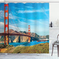 Ambesonne Landscape Shower Curtain, Golden Gate San Francisco Sunny Summer Day Ocean Stones Touristic, Cloth Fabric Bathroom Decor Set with Hooks, 69" W x 70" L, Blue Orange