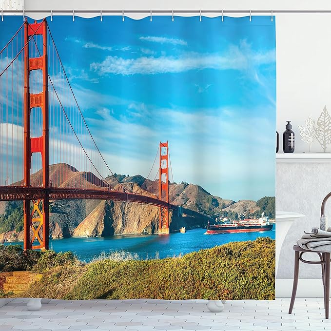 Ambesonne Landscape Shower Curtain, Golden Gate San Francisco Sunny Summer Day Ocean Stones Touristic, Cloth Fabric Bathroom Decor Set with Hooks, 69" W x 70" L, Blue Orange