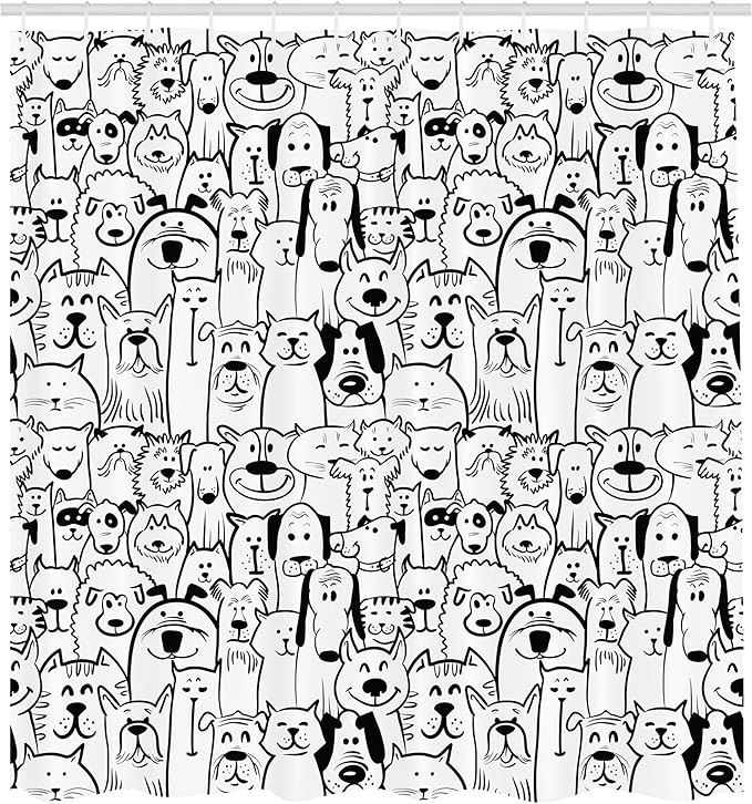Ambesonne Pet Shower Curtain, Group of Dogs and Cats Animals Fun Happy Beings Cartoon Inspired Design, Cloth Fabric Bathroom Decor Set with Hooks, 69" W x 75" L, Black and White